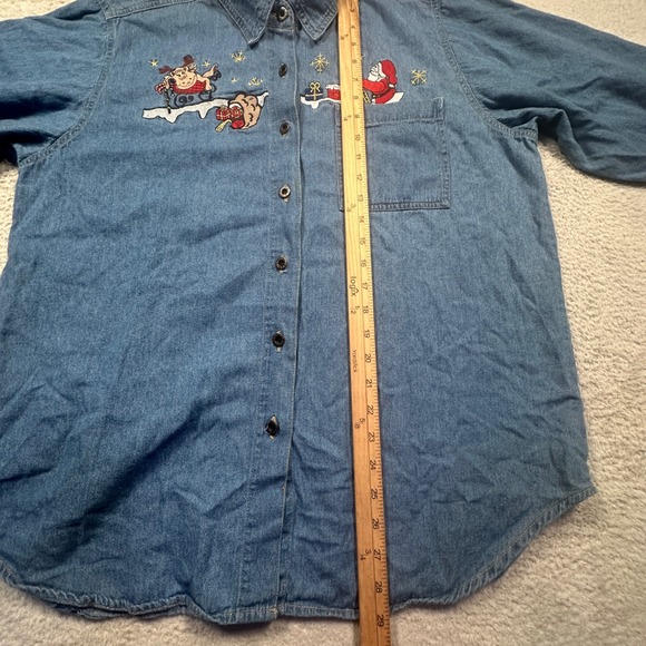 Vintage Tangibles Womens Denim Button Shirt Santa Christmas Embroidered XL - Picture 5 of 7